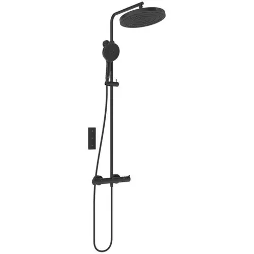 Schwarzes Duschsystem von Ideal Standard mit einer Kopfbrause und Handbrause, montiert an einer Wand. Es verfügt über einen Schlauch und einen Steuerhebel.
